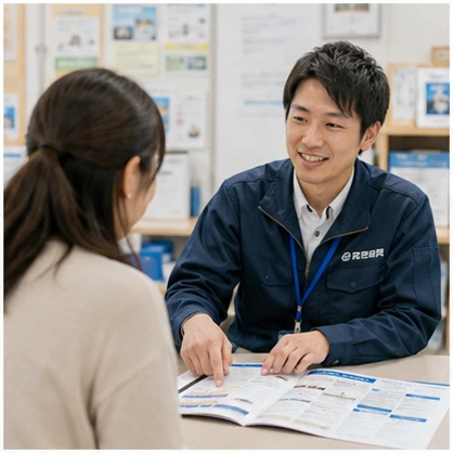 スタッフの案内で加入申込書に記入する様子